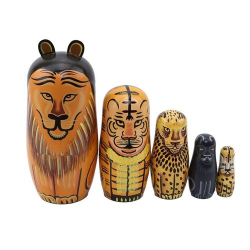 5 Pcs Nouvelle Arrivée Jouets En Bois Ensemble Poupées Russes Peint À La Main Animaux Lion Matriochka Poupée Jouets Pour Enfants Enfants Cadeau