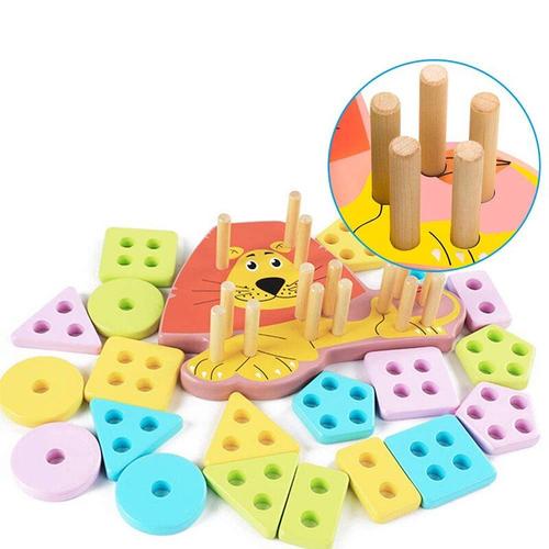 1 Ensemble Coloré En Bois Dessin Animé Animal Cinq Ensembles De Colonnes Lion Forme Blocs De Construction En Bois Enfants Puzzle Blocs De Construction Jouets