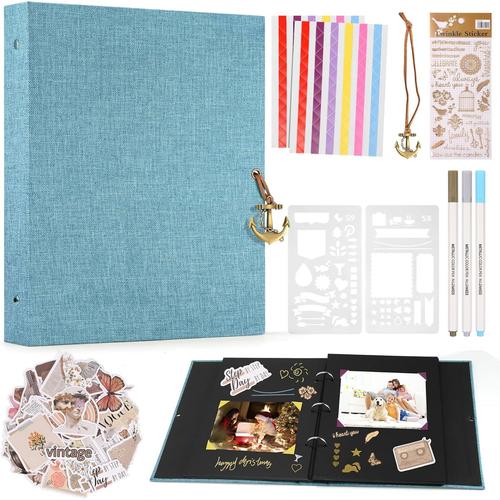 Album Photo En Lin, Album Photo Pour Bricolage Avec 60 Pages, Scrapbooking Noir, 3 Marqueurs De Couleur Métallique, Divers Autocollants, Scrapbooking Pour Famille De Mariage (Bleu)