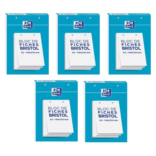 Oxford Lot De 5 Blocs De 30 Fiches Bristol Perforées A5 Q5/5 Blanc