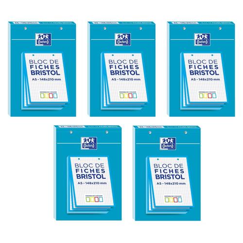 Oxford Lot De 5 Blocs De 30 Fiches Bristol Perforées A5 Q5/5 Bordures Bleues