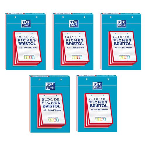 Oxford Lot De 5 Blocs De 30 Fiches Bristol Perforées A5 Q5/5 Bordures Rouges