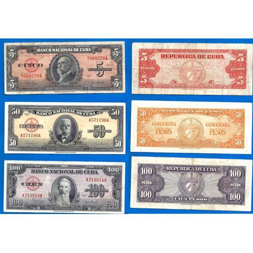 Lot Cuba 5 50 100 Pesos 1950 Peso Centavos Billets Caraibe Amerique