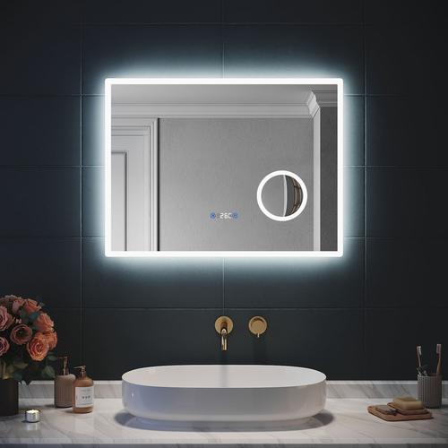 3x loupe Miroir LED Salle de Bain avec eclairage, Miroir avec Horloge Numerique, Miroir Lumineux Salle de Bain Anti-Buee, 80x60cm