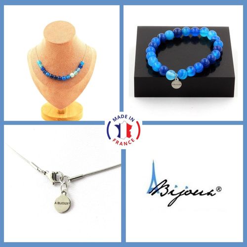 Parure Bijoux Bracelet Collier 15 Perles Agate Rubanée Bleu 8 Mm. Taille Personnalisable.