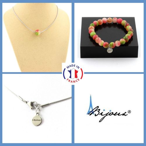 Parure Bijoux Bracelet Collier 1 Perle Tourmaline Melon D'eau 8 Mm. Taille Personnalisable.