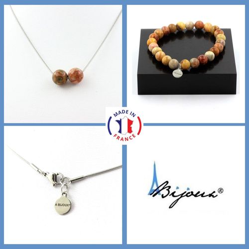 Parure Bijoux Bracelet Collier 2 Perles Agate Crazy Lace 8 Mm. Chaine Taille Personnalisable.