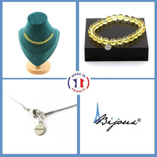 Parure Bijoux Bracelet Collier 15 Perles Citrine 8 Mm. Chaine En Acier Taille Personnalisable.