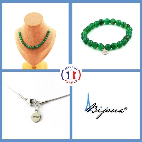 Parure Bijoux Bracelet Collier 20 Perles Agate Verte 8 Mm. Chaine En Taille Personnalisable.