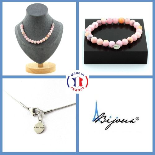 Parure Bijoux Bracelet Collier 20 Perles Opale Rose 8 Mm. Chaine En Taille Personnalisable.