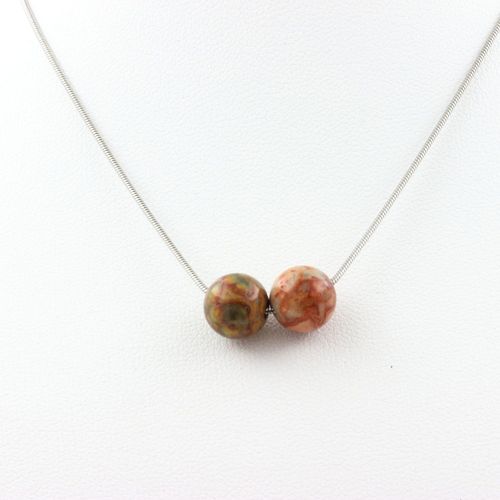Collier 2 Perles Agate Crazy Lace 8 Mm Chaine En Acier Inoxydable.