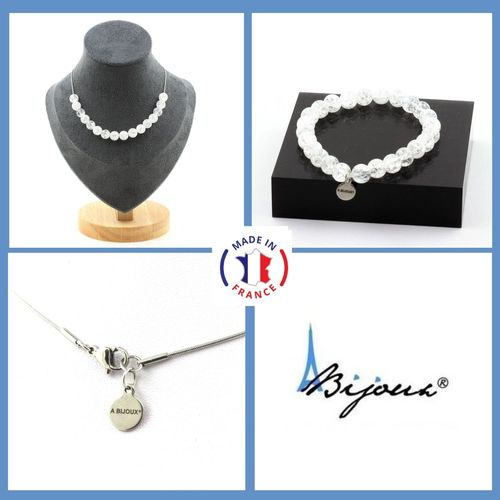 Parure Bijoux Bracelet Collier 15 Perles Quartz Craquelé Du Brésil 8 Taille Personnalisable.