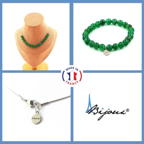 Parure Bijoux Bracelet Collier 15 Perles Agate Verte 8 Mm. Chaine En Taille Personnalisable.