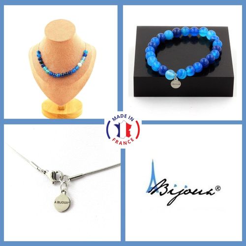 Parure Bijoux Bracelet Collier 20 Perles Agate Rubanée Bleu 8 Mm. Taille Personnalisable.