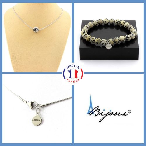 Parure Bijoux Bracelet Collier 1 Perle Jaspe Dalmatien 8 Mm. Chaine En Taille Personnalisable.