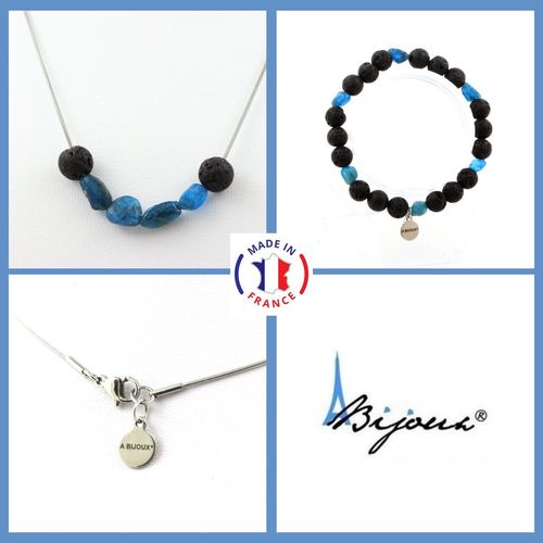 Parure Bijoux Bracelet Collier Perles Apatite Bleu Du Brésil + Lave 8 Taille Personnalisable.