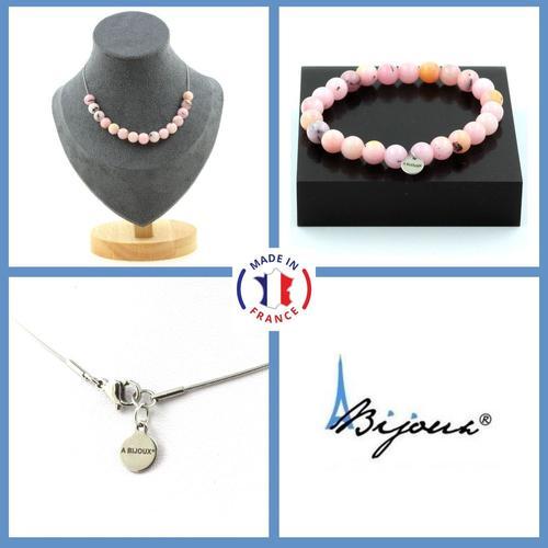 Parure Bijoux Bracelet Collier 15 Perles Opale Rose 8 Mm. Chaine En Taille Personnalisable.