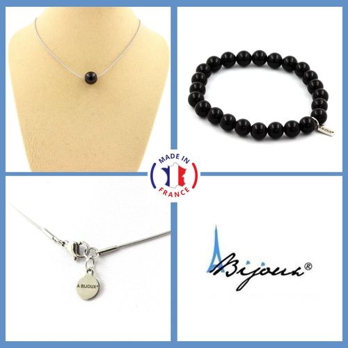 Parure Bijoux Bracelet Collier 1 Perle Agate Noire 8 Mm. Chaine En Taille Personnalisable.