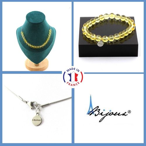 Parure Bijoux Bracelet Collier 20 Perles Citrine 8 Mm. Chaine En Acier Taille Personnalisable.