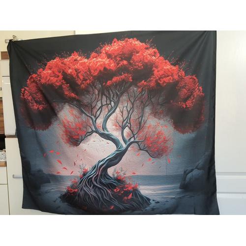 Tenture Tapisserie 130x150 cm motif arbre rouge, style japon