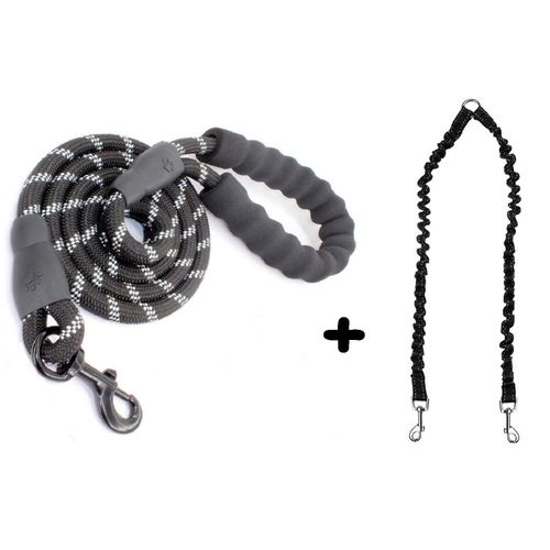 1 LAISSE CHIEN corde nylon NOIR solide avec poignée confortable rembourrée  + 1 laisse extensible DOUBLE 2 chiens ou rallonge 2 en 1