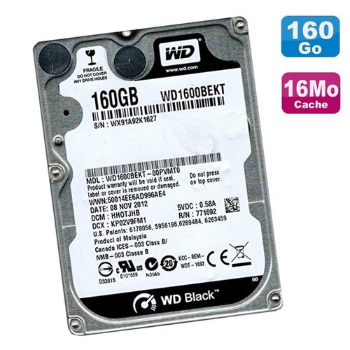Disque Dur 160Go SATA 2.5" WD Scorpio Black WD1600BEKT-00PVMT0 7200RPM 16Mo
