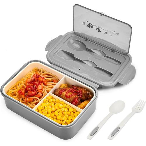 Lunch Box, Boîte À Déjeuner En Plastique Pour Enfant Adulte, Boîte À Repas Avec Trois Compartiments Et Des Couverts(Fourchette Et Cuillère), Sans Bpa, Pour Micro-Ondes Et Lave-Vaisselle - Gris