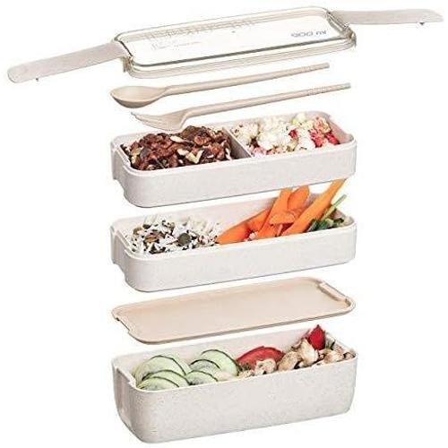 Bento Lunch Box,Avec 3 Compartiments Et Ustensiles,Boîte Boite Repas Box Enfant/Adulte Et Couverts,Boîte À Déjeuner Étanche De 900ml Sans Bpa,Pour Le Pique-Nique, L'école, Le Travail(Beige)