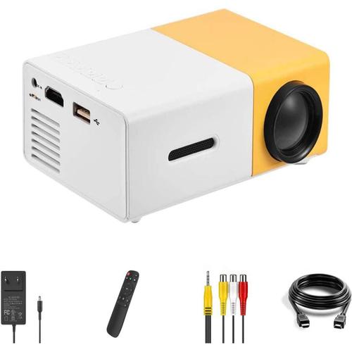 Mini Projecteur Full HD 1080P Videoprojecteur Intérieur/Extérieur LED Projecteur Rétroprojecteur Multimédia Cinéma Maison pour Fête & Camping Compatible avec PC/Smartphone/HDMI/VGA/USB(Blanc + Jaune)