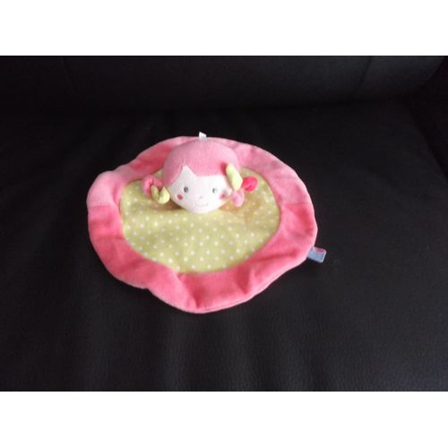 Doudou Plat Rond Fille/Poupée/Lutin Rose Et Vert Sucre D'orge