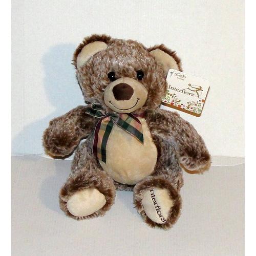 Peluche Ours Marron Chiné Interflora Doudou Ourson Assis Ruban A Carreaux