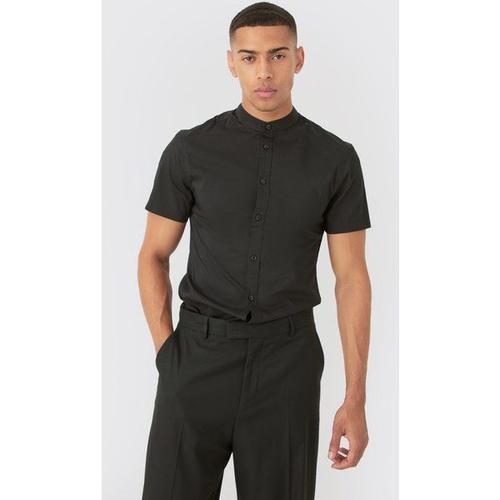 Short Sleeve Grandad Slim Shirt Homme - Noir - Xs, Noir