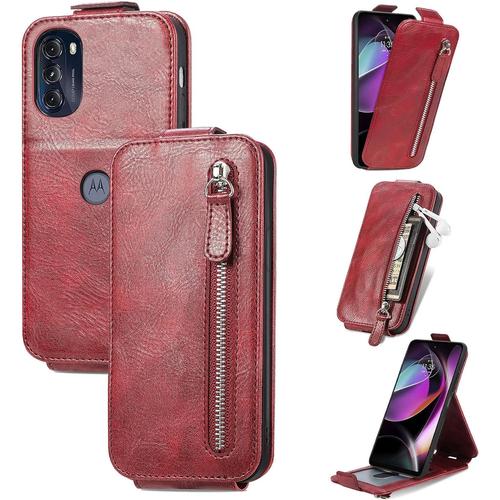 Coque En Cuir Pour Motorola Moto G 5g 2022 Avec Fermeture Éclair Rouge: Étui Portefeuille Xt2213-1/2/3