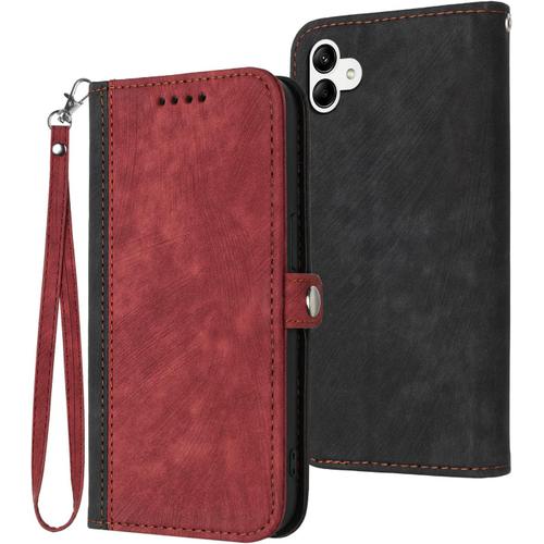 Coque En Cuir Pour Samsung Galaxy A04 - Housse Etui Rouge Pour Téléphone Portable Sm-A045f/Ds