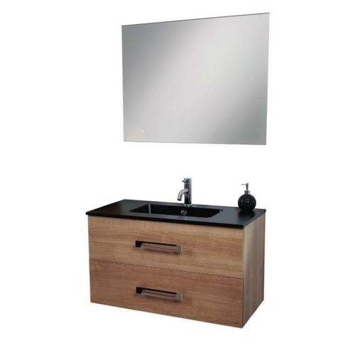 Ondée - Meuble à suspendre 90 cm finition effet bois miel deux tiroirs avec miroir simple - LENCA