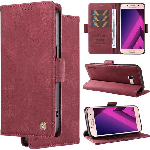 Coque En Cuir Pour Samsung Galaxy A3 2017 - Rouge Magnétique Adsorption Antichoc Flip Cover Case Wallet Portefeuille Supporter.