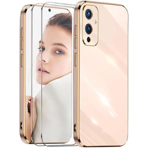 Coque Pour Oneplus 9 5g,Avec 2 Verre Trempé Vitre Protection Tpu Silicone Etui Antichoc Housse Pour Oneplus 9 5g-Rose