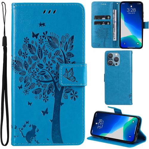 Coque Pour Iphone 15 Plus, Motif Arbre Chat Pu Cuir Flip Housse Étui Cover Case Wallet Portefeuille Support Avec Porte-Cartes - Bleu