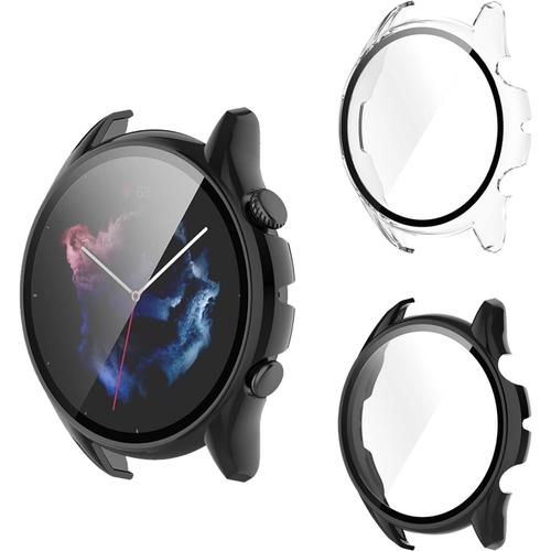 Coque Pour Amazfit Gtr 3 Pro/Gtr 3 Avec Écran En Verre Trempé 9h, Protection Pc Anti-Rayures - Transparent & Noir