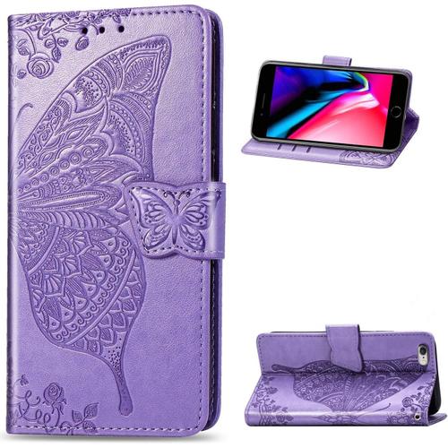 Coque En Cuir Pour Iphone 6/6s, Housse À Rabat Magnétique Avec Porte-Cartes Et Motif Silicone Antichoc - Violet Clair