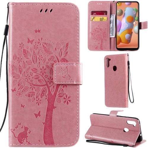 Coque Samsung Galaxy A11 Motif Arbre Chat En Cuir Pu Avec Porte-Cartes - Rose Clair