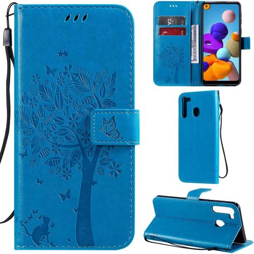 Samsung Galaxy A21 Coque Motif Arbre Chat En Pu Cuir Flip Wallet Housse Avec Porte-Cartes - Bleu