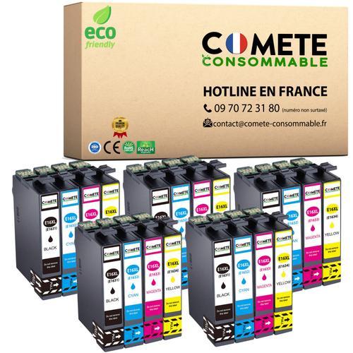 COMETE, Marque française -16XL - 20 Cartouches d'encre Compatibles avec EPSON 16 XL Stylo Plume T1631 - pour Cartouche Epson WF 2510 Epson Workforce WF 2630 (5 Noirs 5 Cyan 5 Magenta 5 Jaunes)