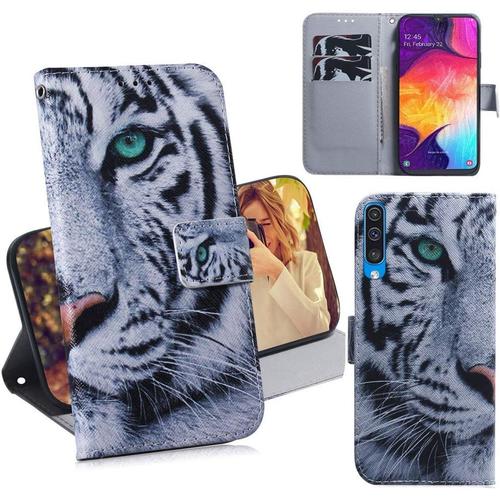 Étui En Cuir Pu À Rabat Pour Samsung Galaxy A50 Avec Support Pour Cartes Et Motif Tigre.