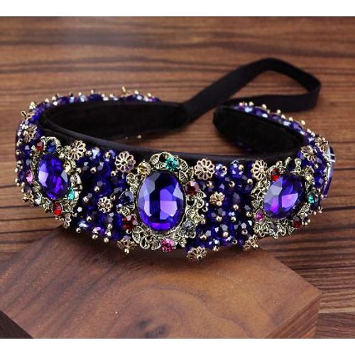 Vintage Baroque Luxe Bleu Royal Cristal Strass Mariée Bleu Saphir Diadème Bandeau Élastique Couronne Création Haute Couture À La Main Strass Bandeau Pour Femmes Filles Mariage Cheveux Bijoux Princesse