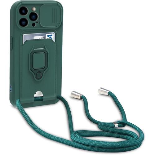 Coque Iphone 14 Pro Avec Lanyard Réglable, Caméra Protection Et Fentes Pour Cartes - Étui Silicone Vert Avec Anneau De Support.