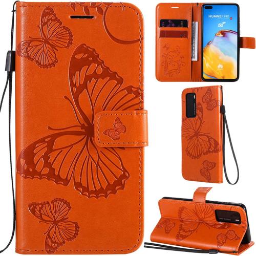 Étui En Cuir Pu Avec Motif Papillon 3d Pour Huawei P40, Avec Support Et Dragonne - Orange