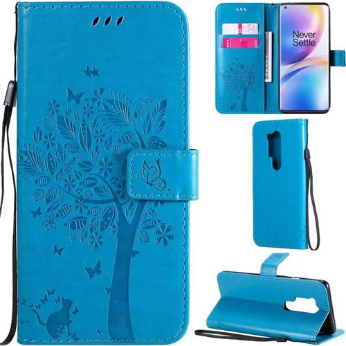 Housse Coque Motif Arbre Chat Pour Oneplus 8 Pro En Cuir Pu Flip Cover Avec Portefeuille & Porte-Cartes - Bleu