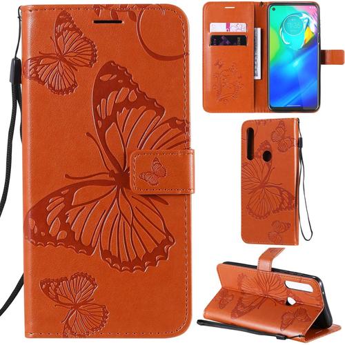 Coque En Cuir Flip Avec Motif Papillon 3d Pour Motorola Moto G Power - Orange