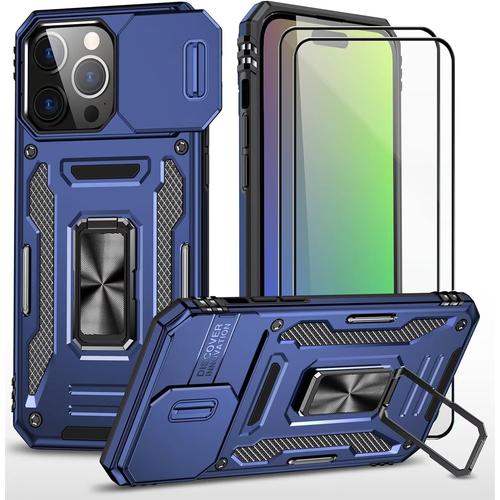 Coque Iphone 15 Pro Armure Robuste Antichoc Avec Verre Trempé Et Support Magnétique - Bleu